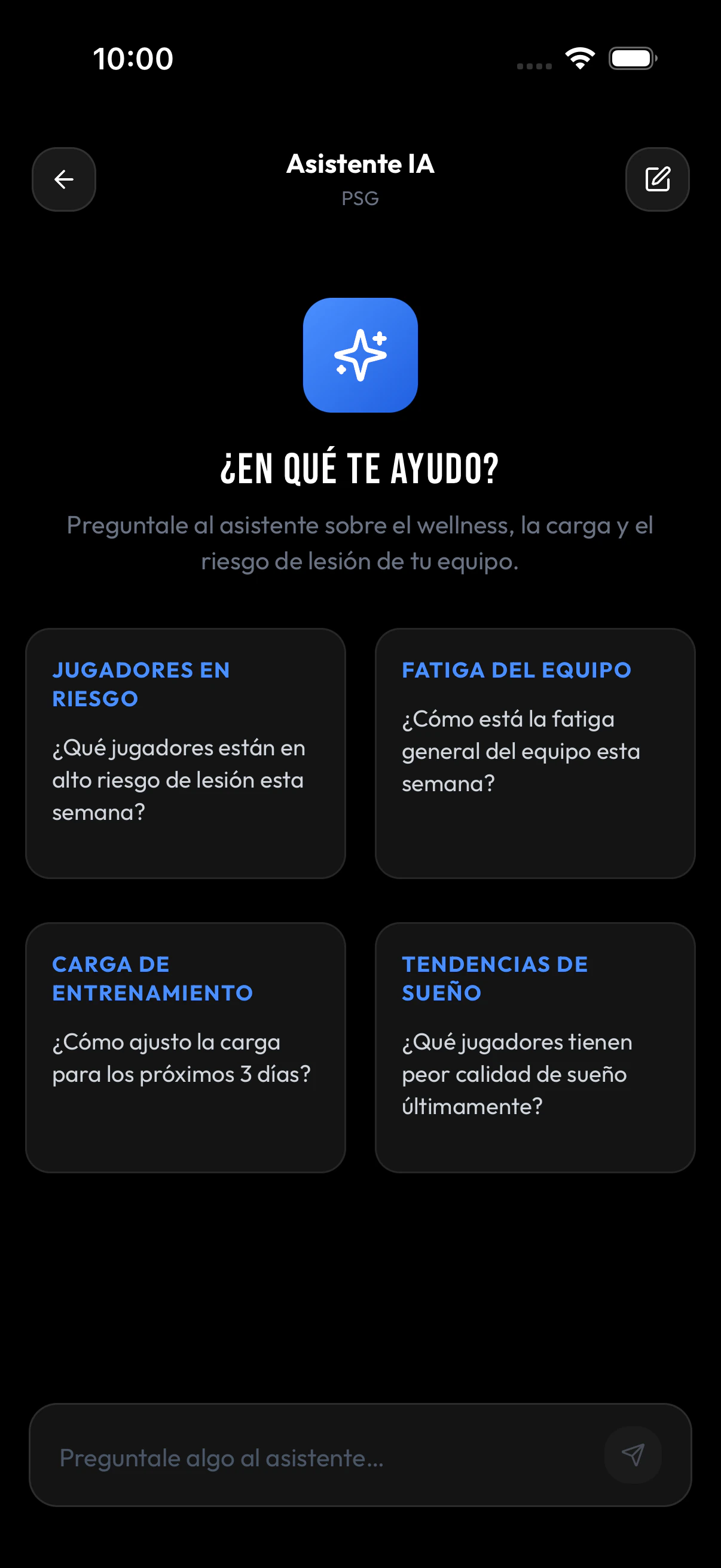 IA Coach de AZTeamPlay Coach con preguntas sugeridas sobre riesgo, fatiga, carga y sueño