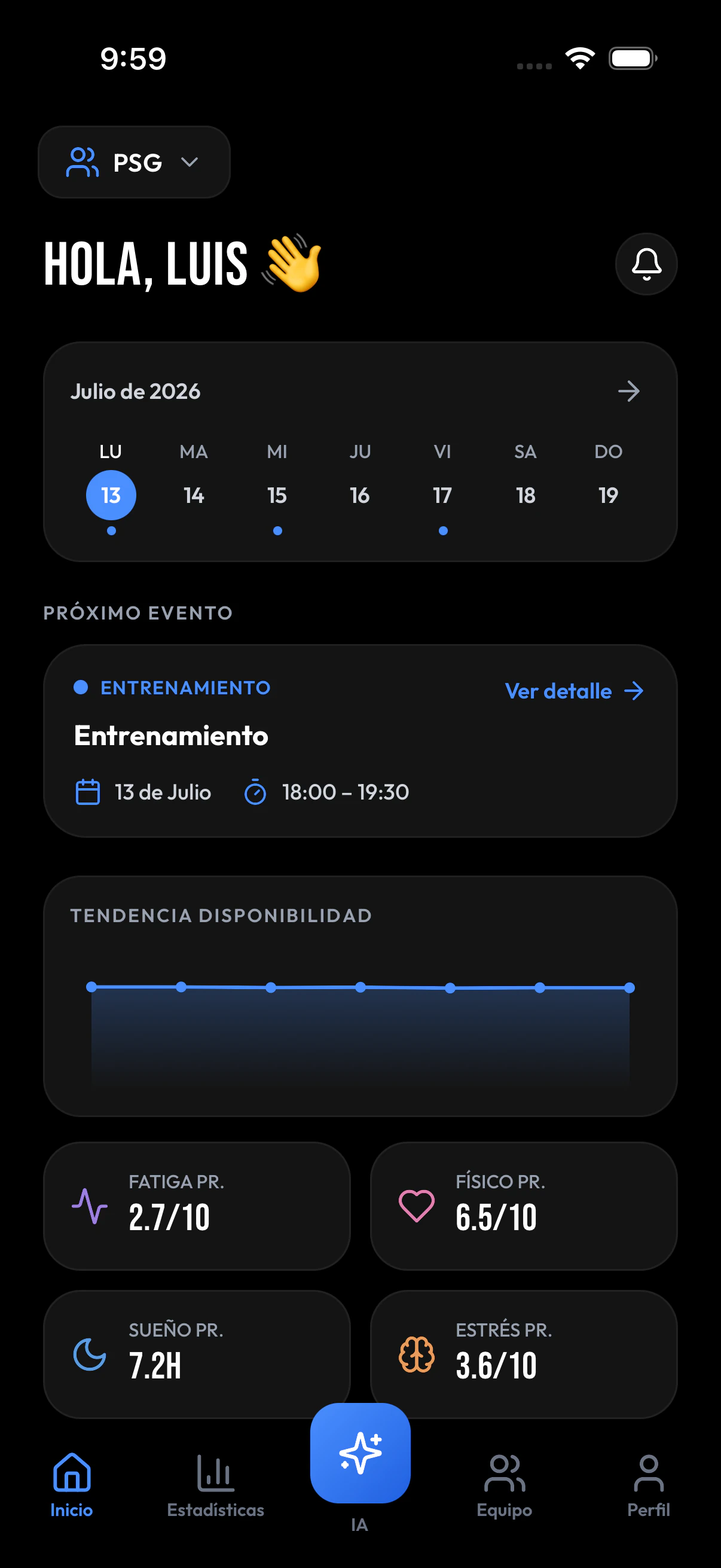 Inicio de AZTeamPlay con calendario, próximo entrenamiento y tendencia de disponibilidad