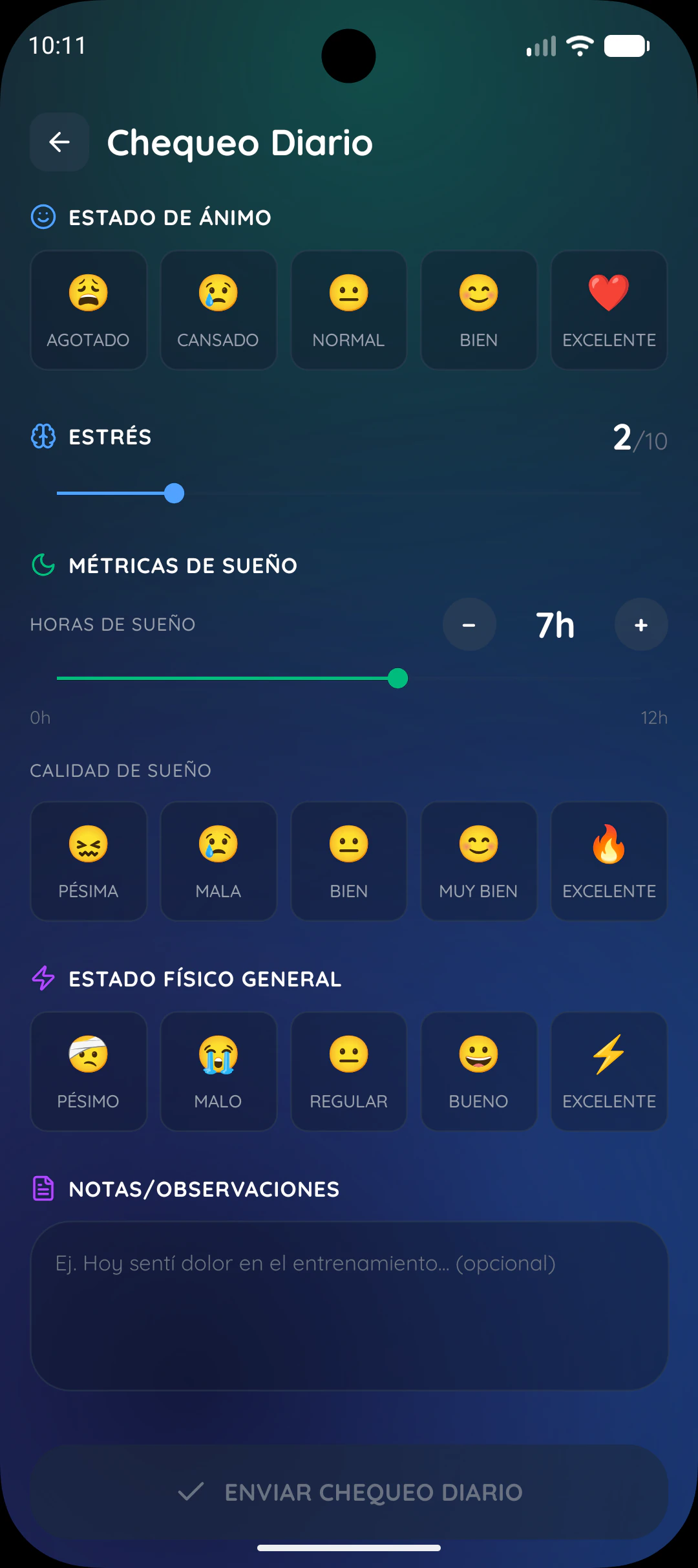 Check-in diario de AZTeamPlay con ánimo, estrés, sueño y estado físico