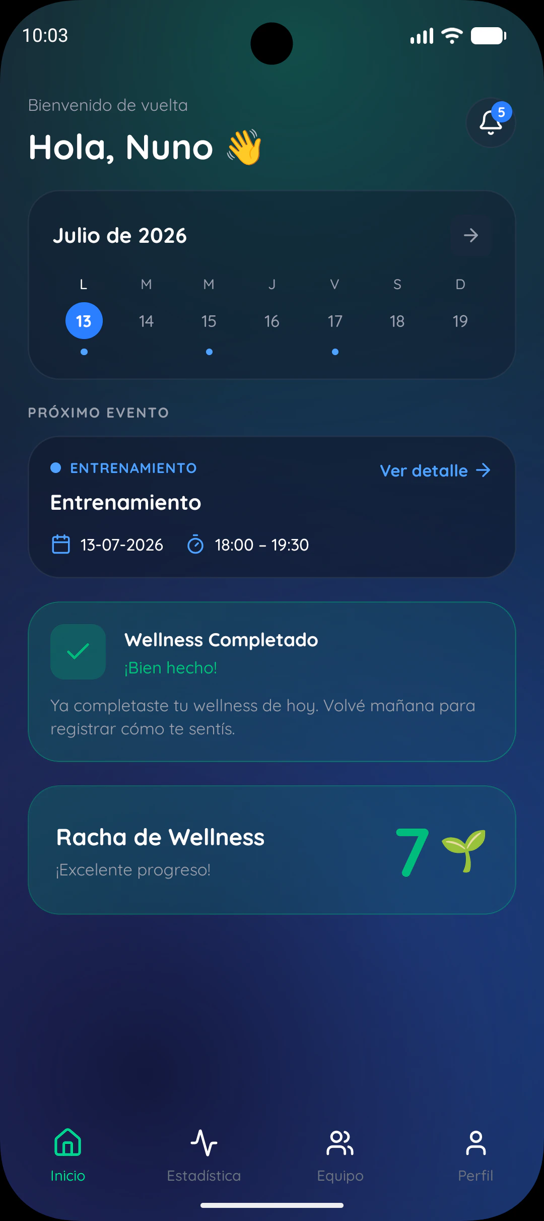 Inicio real de AZTeamPlay con agenda y resumen de wellness